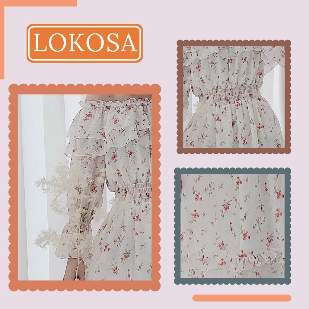 Váy Hoa Nhí LOKOSA Đầm vintage trễ vai dáng dài tay phồng đi dự tiệc đi biển đi chơi sang chảnh cao cấp VDE08