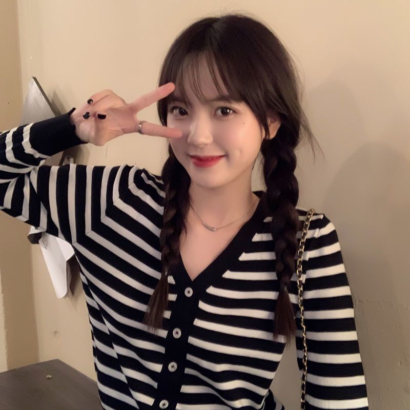 Áo Khoác cardigan Dệt Kim Tay Dài Cổ Chữ v Họa Tiết Kẻ Sọc Phong Cách Hàn Quốc Cho Nữ JL-TX-530