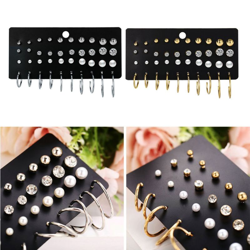 Set 20 đôi bông tai dạng hạt tròn mini bằng kim loại đính ngọc trai thời trang dành cho nam và nữ