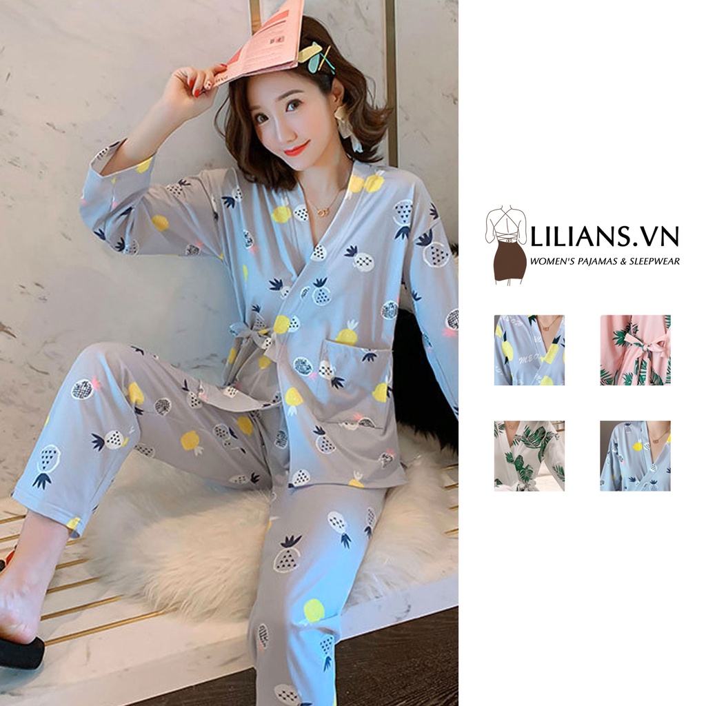 Bộ ngủ Pijama Kimono dài tay hoạ tiết hoa lá dễ thương chất mềm mịn mặc thoáng mát dành cho nữ