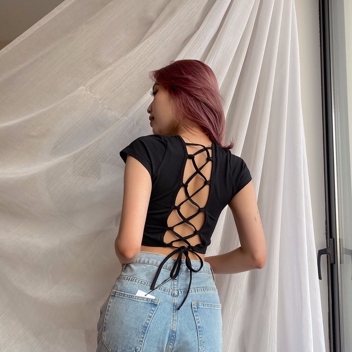 Áo croptop cutout đan dây lưng buộc dây sau cộc tay Mia Ritta A2082 ảnh thật