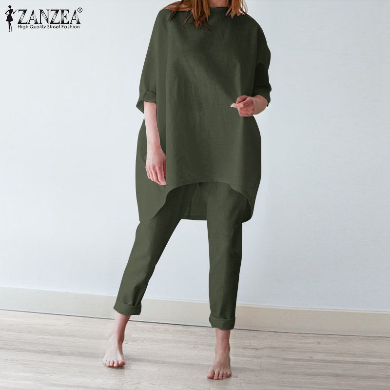 Set trang phục ZANZEA áo tay lửng và quần dài dáng rộng phong cách Châu Âu thời trang dành cho nữ