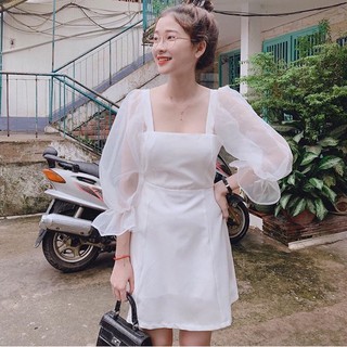 Đầm Cổ Vuông Tay Lưới Phồng Trơn 💕