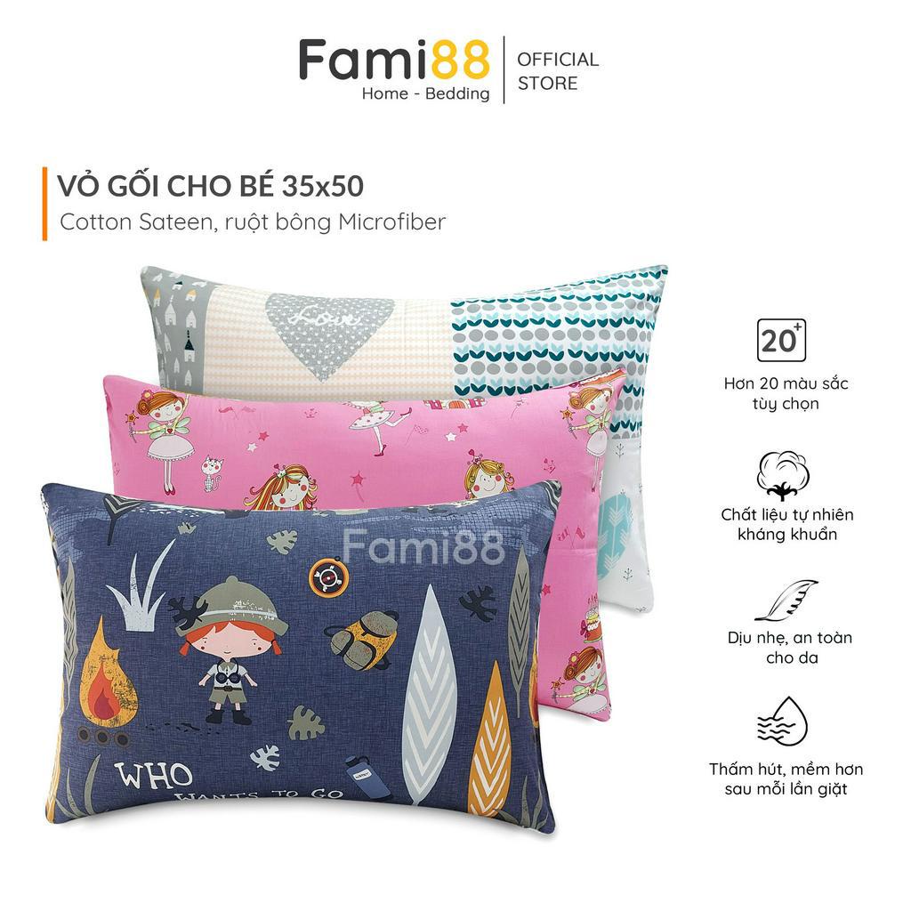 Vỏ gối nằm 35x50cm cho bé Cotton Satin Fami88, bao áo gối họa tiết trẻ em, ruột gối bông Microfiber an toàn kháng khuẩn.