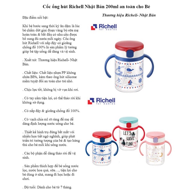 Cốc uống nước Richell 200ml nhập khẩu chính hãng Nhật Bản