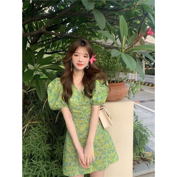 Váy Hoa Xanh Khuy Bọc Tay Phồng Siêu Xinh Có Ảnh Thật Kèm Video | BigBuy360 - bigbuy360.vn