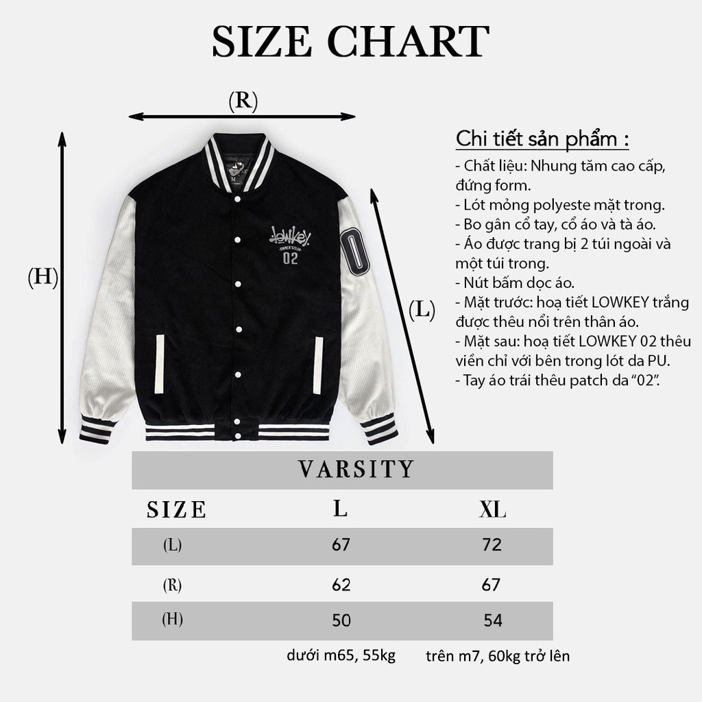 Áo khoác Varsity Black/White Nhung Tăm Full Thêu Logo Lowkey Phối Da PU Varsity Jacket Lowkey Uni