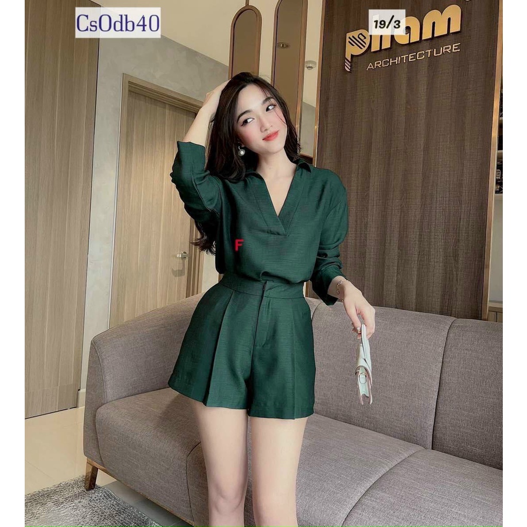 Sét bộ thời trang nữ áo sơ mi cổ V tay dài phối quần đùi đa dạng màu sắc (Hồng, Xám, Vàng, Nâu).