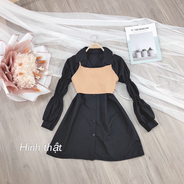 Set đầm sơ mi phối áo cột nơ sau - S5U