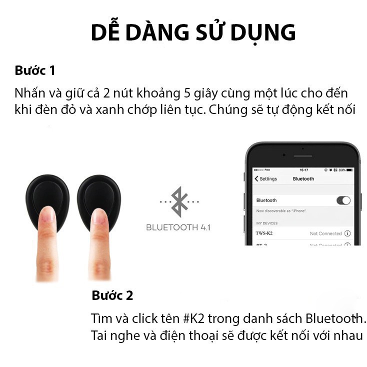 (Siêu Giảm Giá Mẫu Mới 2019)Tai Nghe Bluetooth 2 Tai Không Dây Cao Cấp Pin Trâu Dock Sạc Tích Hợp Pin Dự Phòng 450mAh K2