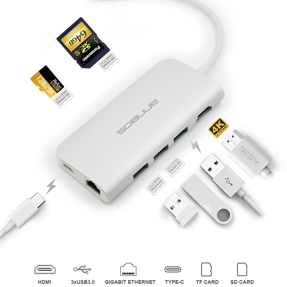 Cáp chuyển đổi đa năng USB-C Hub micro SD card reader hdmi Type C 8 trong 1 cho Macbook hiệu ANNBOS - hàng nhập Mỹ