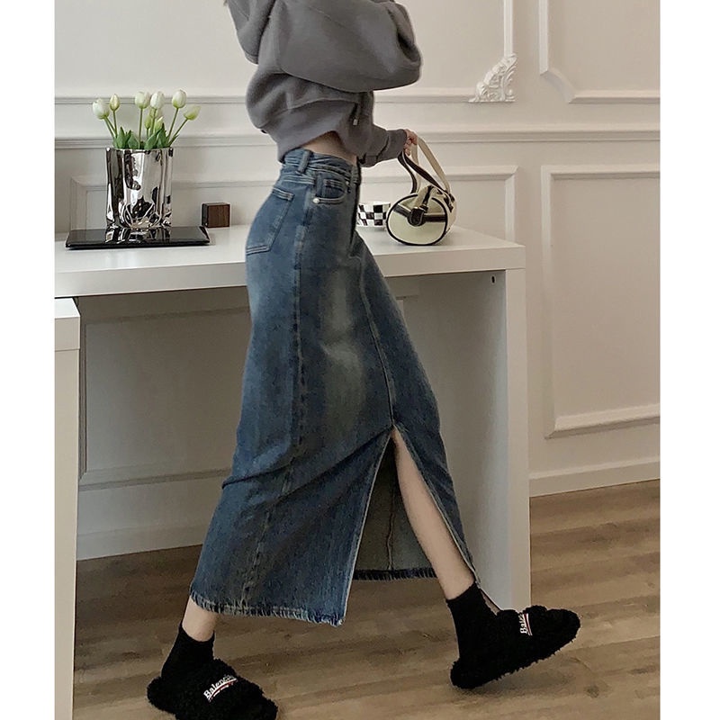 COZOKC COZOK Chân váy jean COZOK dáng chữ A lưng cao thiết kế xẻ tà phong cách retro thời trang