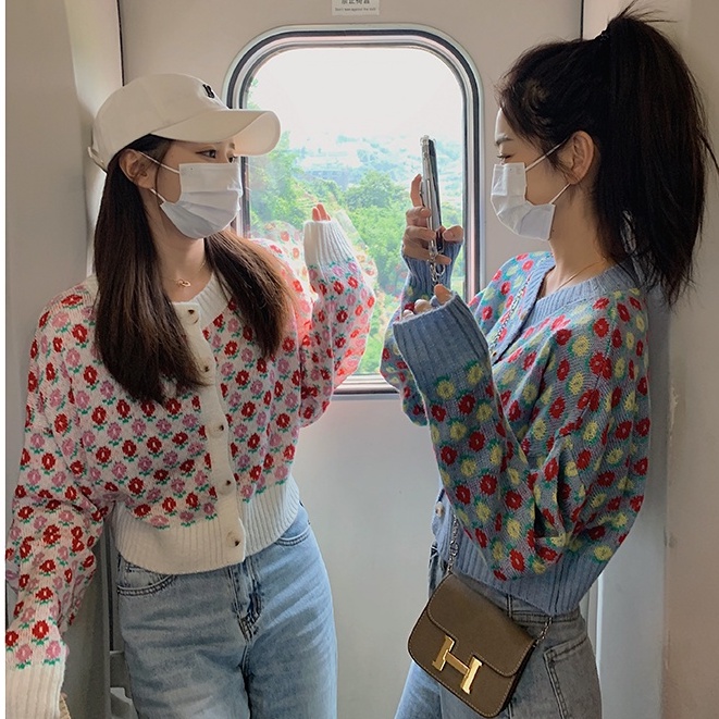 SUXI Áo Khoác Cardigan Cổ Tròn Tay Dài In Họa Tiết Hoa Thời Trang Mùa Thu Mới Cho Nữ