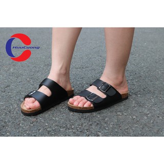 Dép sandal 2 khóa da pu đế trấu - nam nữ - màu đen