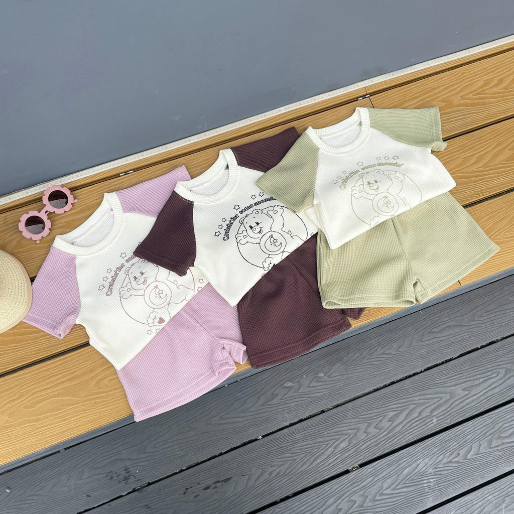 Bộ Áo Thun Tay Ngắn In Hoạt Hình Gấu + Quần Short Thời Trang Mùa Hè Cho Bé