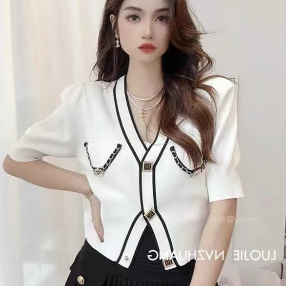 SUXI Áo Cardigan Ngắn Tay Cổ Chữ V Màu Sắc Tương Phản Đơn Giản Thời Trang Mùa Hè Cho Nữ