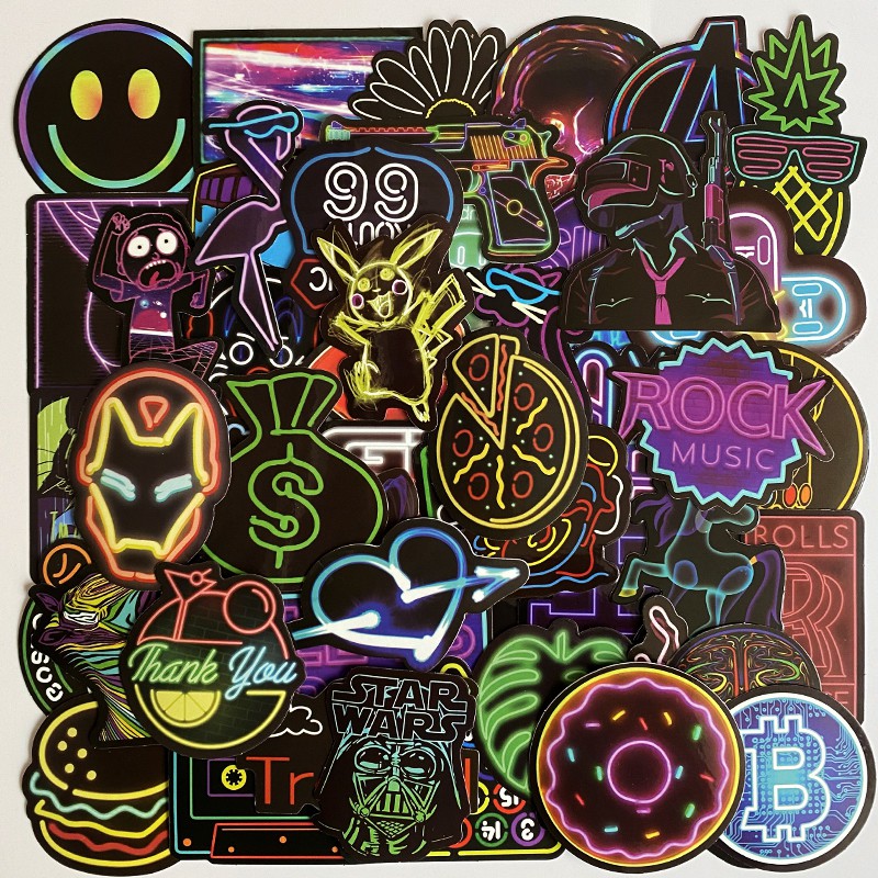 50 Sticke chống nước màu neon dán mũ bảo hiểm, vali 50 hình dán graffiti neon dán cốc nước xe hơi, máy tính xách tay