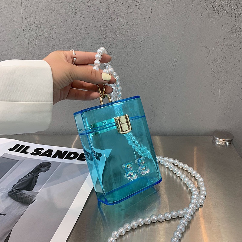 Túi đeo chéo Mini trong suốt phối dây xích thời trang mùa hè Hàn Quốc 2021