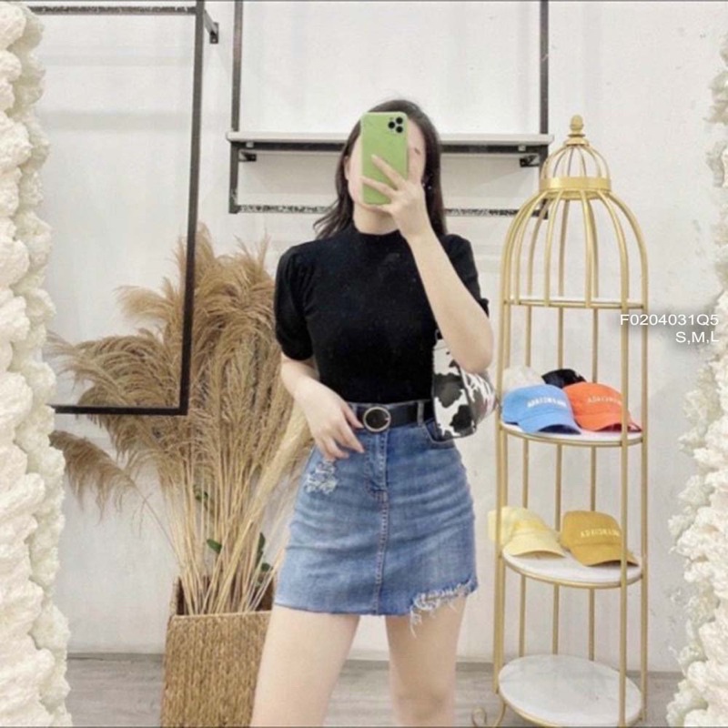 Quần jean giả váy ngắn mài rách lưng cao q0204