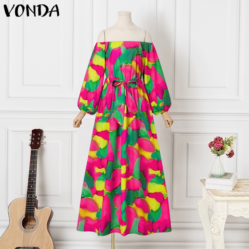 Đầm dài VONDA trễ vai 3/ 4 in họa tiết phong cách Bohemian cổ điển thời trang mùa hè cho nữ