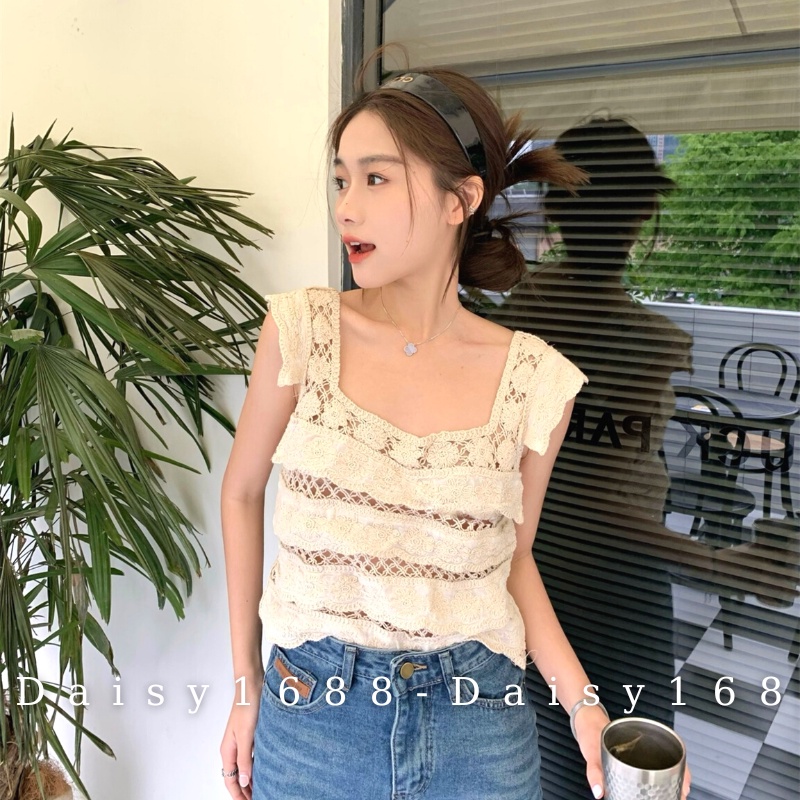 Có Sẵn- Áo Lưới Phối Ren Bèo Xếp Tầng Cổ Vuông Daisy1688