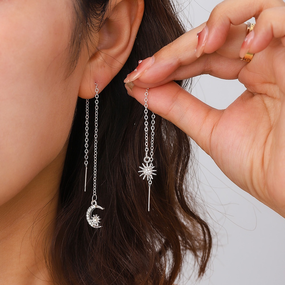 Khuyên Tai Dáng Dài Không Đối Xứng Hình Mặt Trăng/Mặt Trời Đính Đá Zircon Thời Trang Cho Nữ