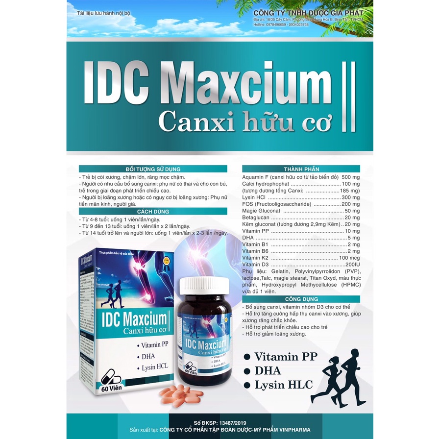 Canxi, Canxi hữu cơ, canxi cho bà bầu IDC Maxcium hỗ trợ phát triển chiều cao, giảm còi xương, tụt canxi, hộp 60 viên