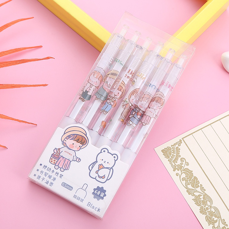 Bộ 6 Bút Bi Mực Đen Ngòi 0.5mm Hoạ Tiết Hoạt Hình Dễ Thương