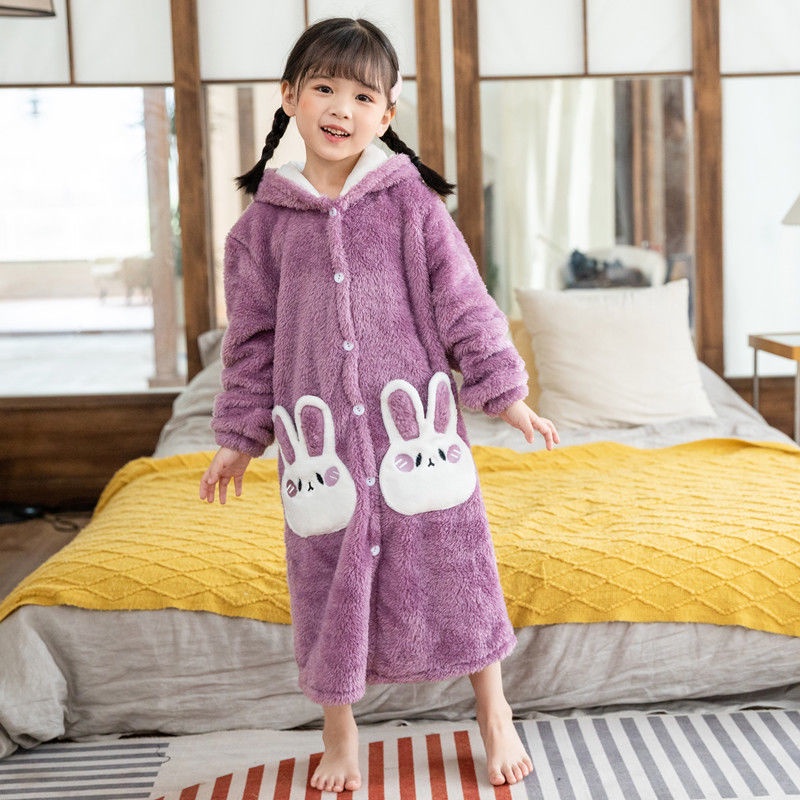 Hàng Mới Về Mới Áo Choàng Ngủ Dáng Dài Lót Lông Cừu San Hô Dày Dặn Thời Trang Thu Đông Cho Bé 21 Tuổi