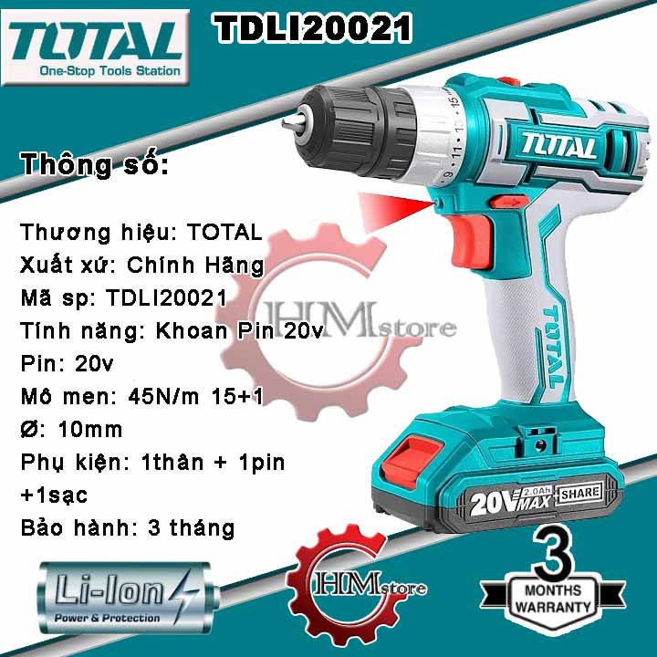 [Chính hãng] Máy Khoan dùng pin Li-ion 20V TOTAL TDLI20021 - Máy khoan pin cầm tay 20v