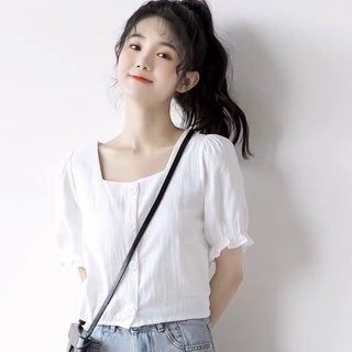 Áo croptop cổ vuông bo lai tay phồng chất liệu mềm mịn