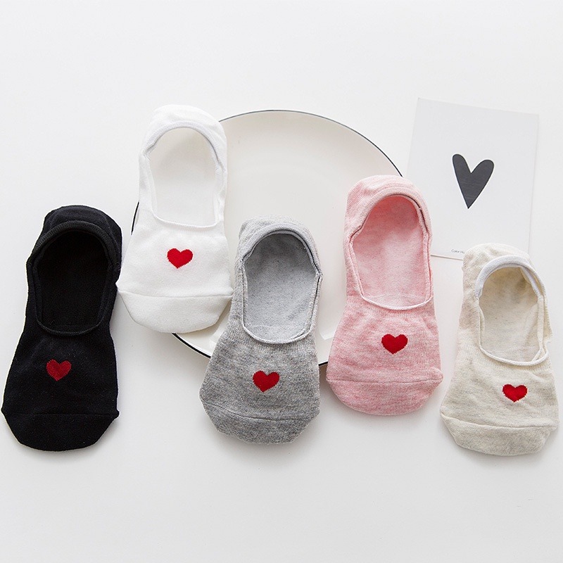 Vớ Lười Nữ Cute, Vớ Nữ mang giày lười họa tiết trái tim, Cotton dày dặn, có đệm cao su chống trượt gót