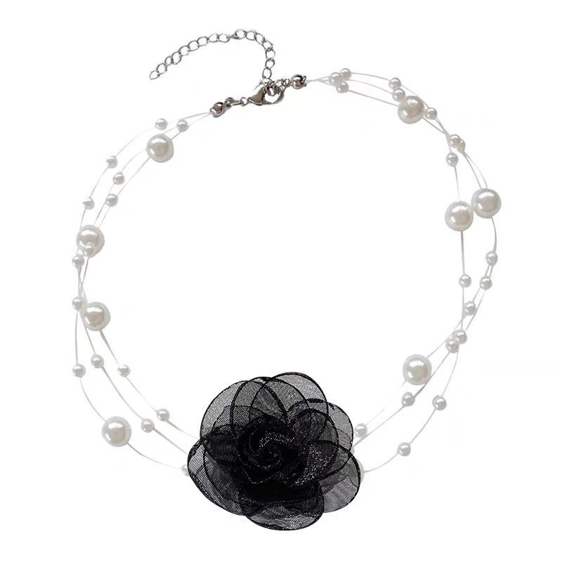 Vòng cổ choker Etrendy nhiều lớp đính ngọc trai hình hoa hồng lớn dành cho nữ