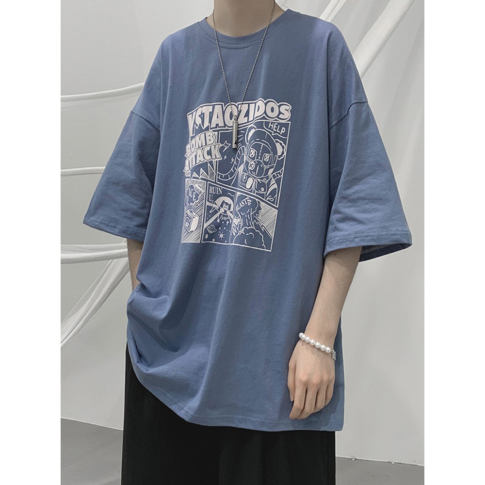 Áo Thun Ngắn Tay Dáng Rộng In Hoạt Hình Kiểu Hàn Quốc Cho Nam Size S-8Xl