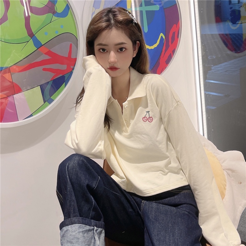 SUXI Áo Thun Polo Tay Dài Dáng Rộng Màu Sắc Đơn Giản Cho Nữ