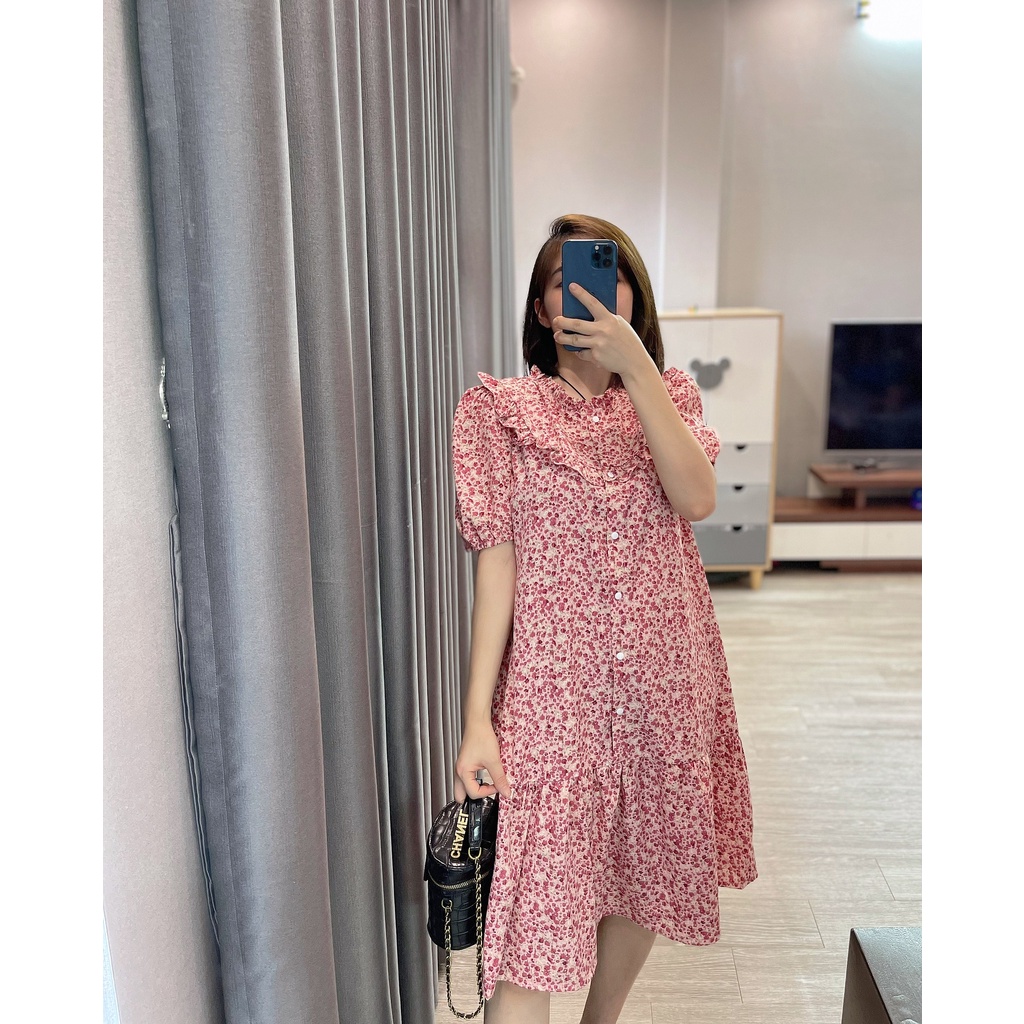 Váy bầu cộc tay cổ bèo V113 | Đầm bầu mùa hè Vải Lụa Hàn Châu Mát Không nhăn - Đủ size S/M/L/XL