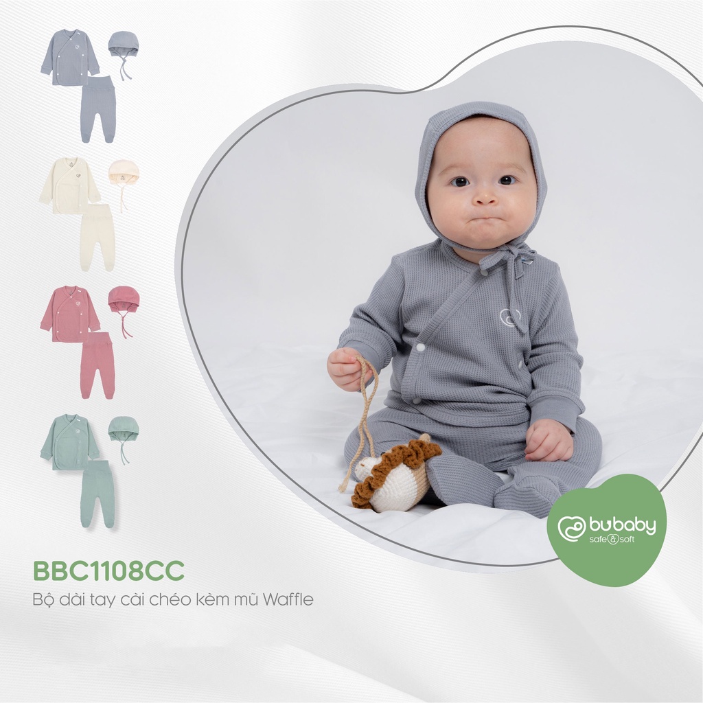Bộ dài tay cài chéo kèm mũ waffle Bu Baby