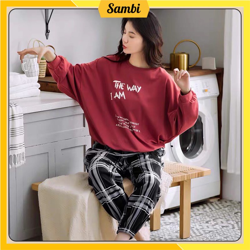 Bộ đồ thu đông nữ Sambi bộ mặc nhà dài tay quần kẻ họa tiết dễ thương cao cấp | BigBuy360 - bigbuy360.vn