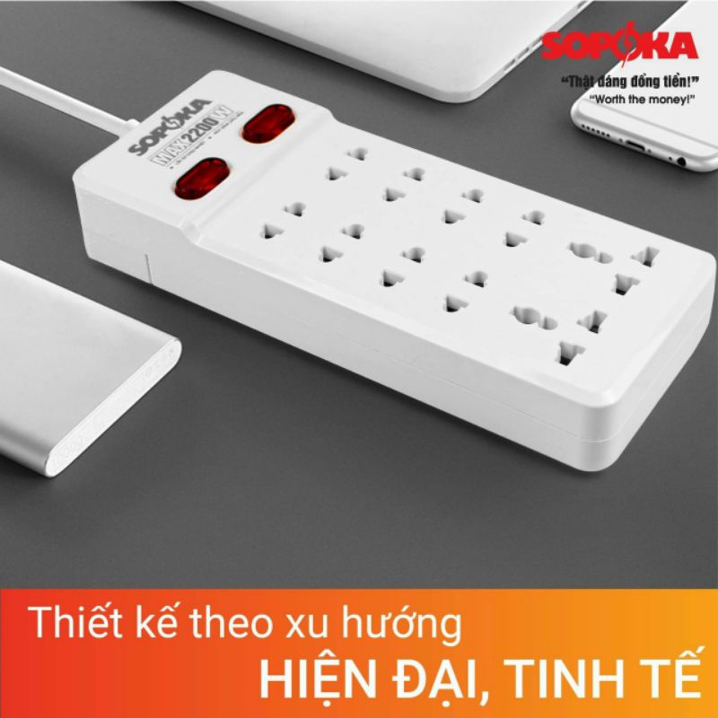 Ổ cắm điện nối dài 10 lỗ cắm 2 công tắc SOPOKA 10Y 10A chịu nhiệt chống va đập tốt dây dài 2m 4m Chính Hãng