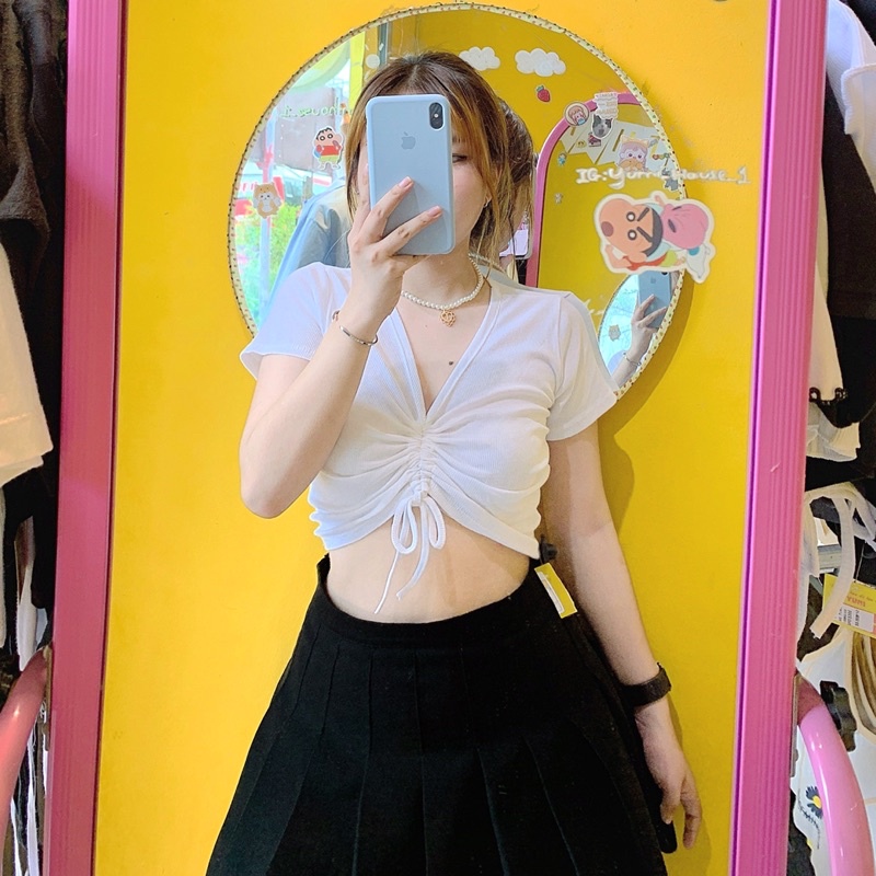 Áo croptop rút dây giữa gân co giãn siêu đẹp 🦋 [FREESHIP] Áo Croptop Tay Ngắn TRẮNG ĐEN BASIC | WebRaoVat - webraovat.net.vn