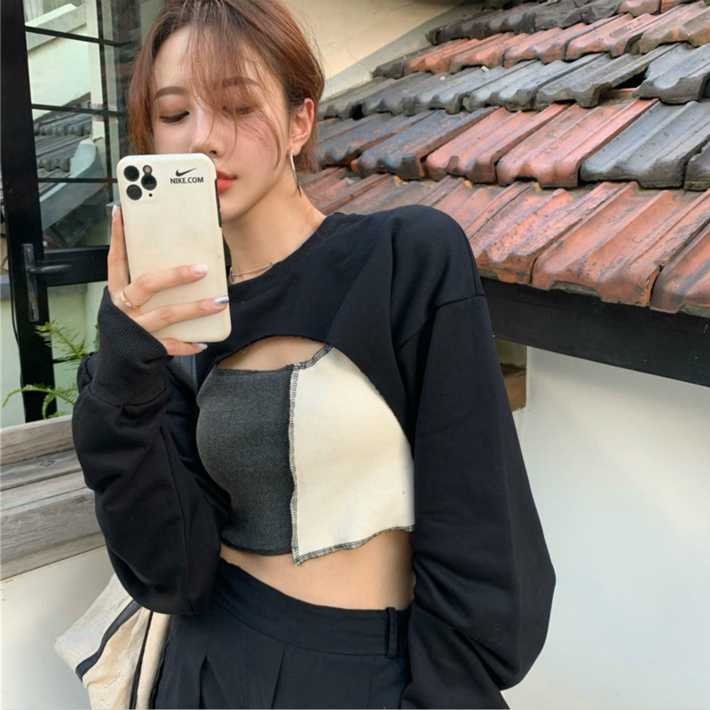 Set áo thun tay dài màu đen + áo khoác không tay phong cách Hàn Quốc