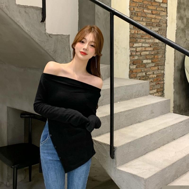 Áo thun nữ tay dài hở vai màu sắc thời trang quyến rũ