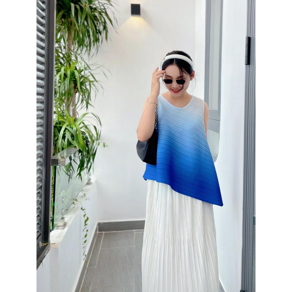 (HÀNG SẴN) Set Áo lò xo cọc tay màu loang trendy và Chân váy thun dập ly trắng thanh lịch, Freesize co dãn nhiều