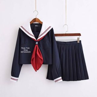 [CÓ SẴN] bộ đồng phục thủy thủ áo hải quân dài tay màu xanh than cổ trắng hai viền đỏ chân váy xếp ly