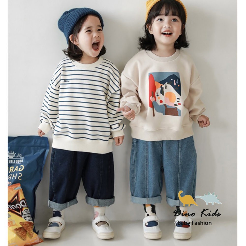 Bộ nỉ dễ thương cho bé gái, bé trai, set bộ quần bò xuông phối áo nỉ da cá style Hàn Quốc cho bé 10-32kg