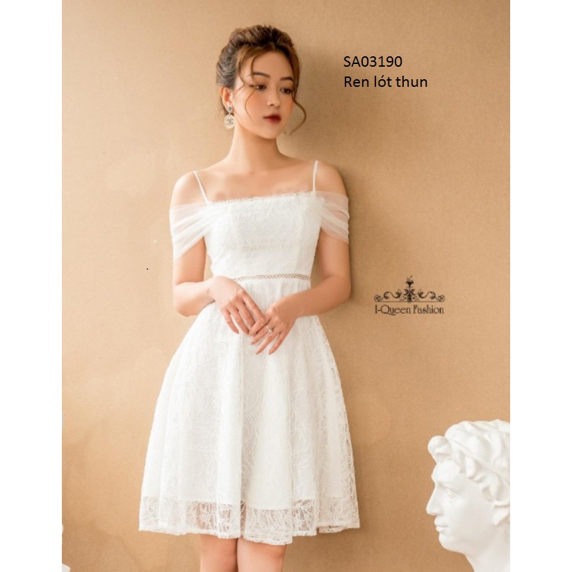 Đầm ren xoè 2 dây trễ vai lưới sang chảnh