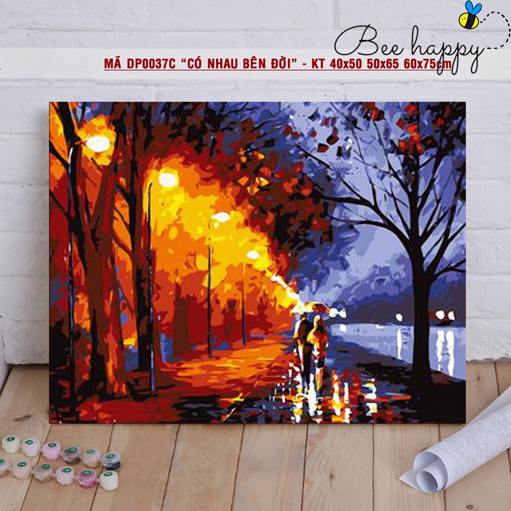 Tranh tô màu theo số sơn dầu số hóa Sondausohoavn Cảnh đêm đèn đường hai người sánh bước DP0037C