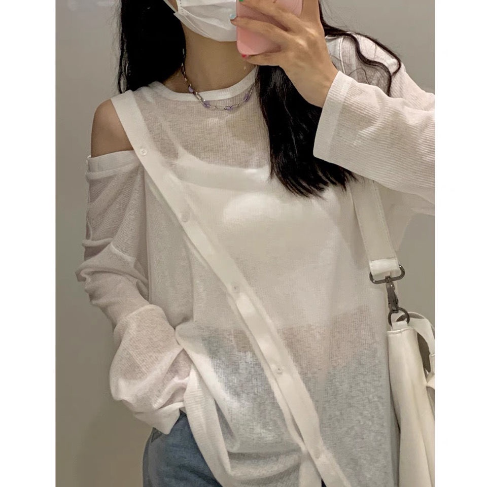Áo thun tay dài hở vai dáng rộng thời trang mùa hè hàn quốc 2021