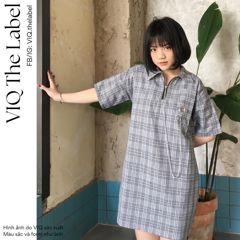 Váy form suông caro phối dây kéo xích cá tính Chainy stripey dress