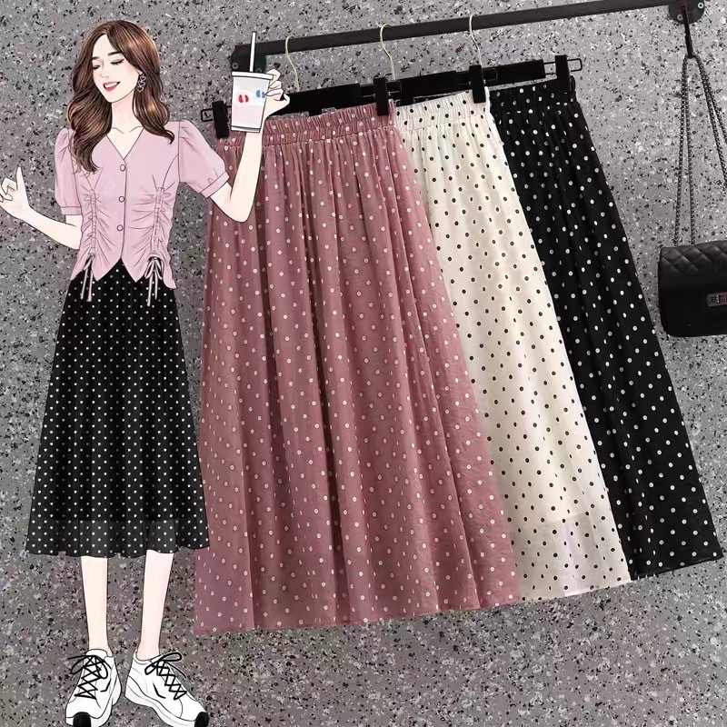 Chân váy công sở dài qua gối vải voan chấm bi 2 lớp cực xinh